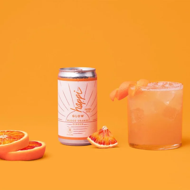 Happi Hour Glow Uninfused Blood Orange Ginger Seltzer – THC-Free Beverage with Lion’s Mane for a Refreshing Experience - Image 2